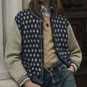 Vintage Hand Knit Norwegian Cardigan Sz L Nordic Lice Blue